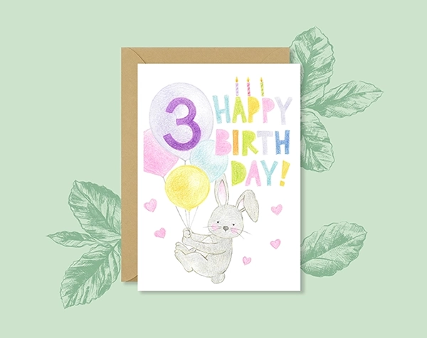 3rd Bunny Birthday Card, Cute 3 Year Old Birthday Card with Flying Baby Rabbit