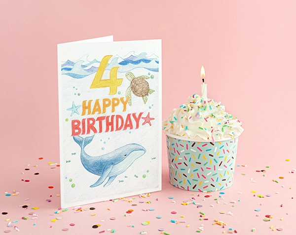4th Whale Birthday Card Idea, 4 Year Old Birthday Card with Sea Friends