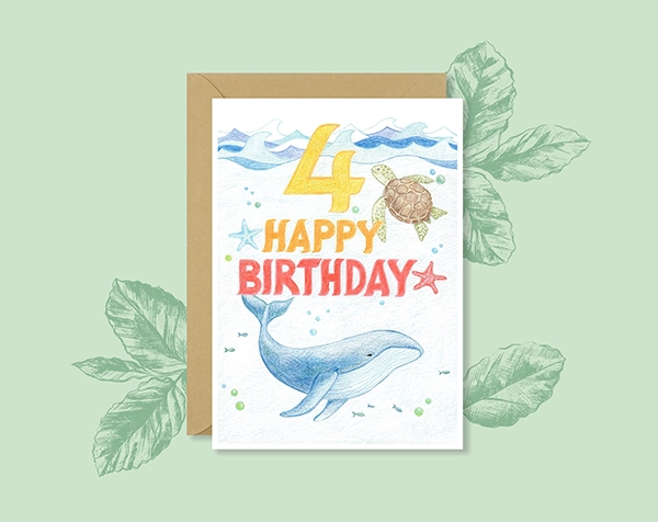 4th Whale Birthday Card Idea, 4 Year Old Birthday Card with Sea Friends