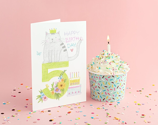 Cute Cat 5th Birthday Card Ideas, 5 Year Old Greeting Card for Kids