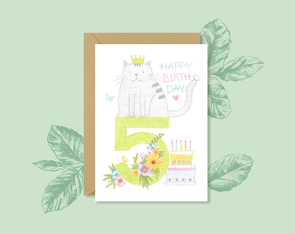 Cute Cat 5th Birthday Card Ideas, 5 Year Old Greeting Card for Kids