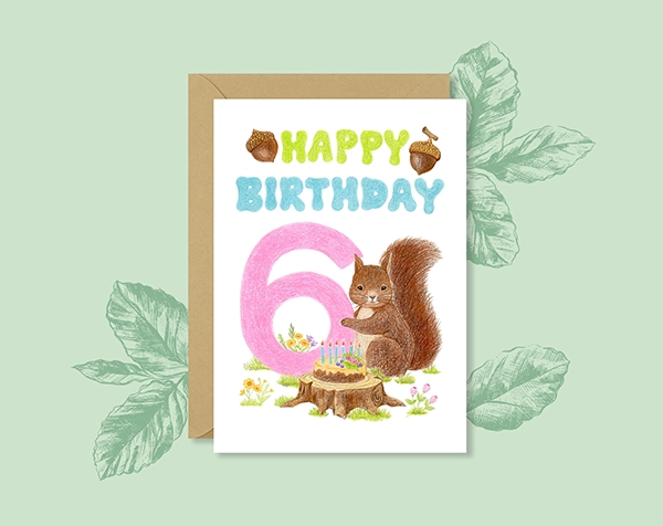 Adorable Squirrel 6th Birthday Card Ideas, Blissful 6 Year Old Greeting Card